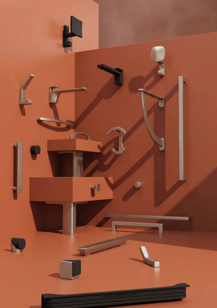Composizione di maniglie, pomoli e portabiti Mital su fondo terracotta